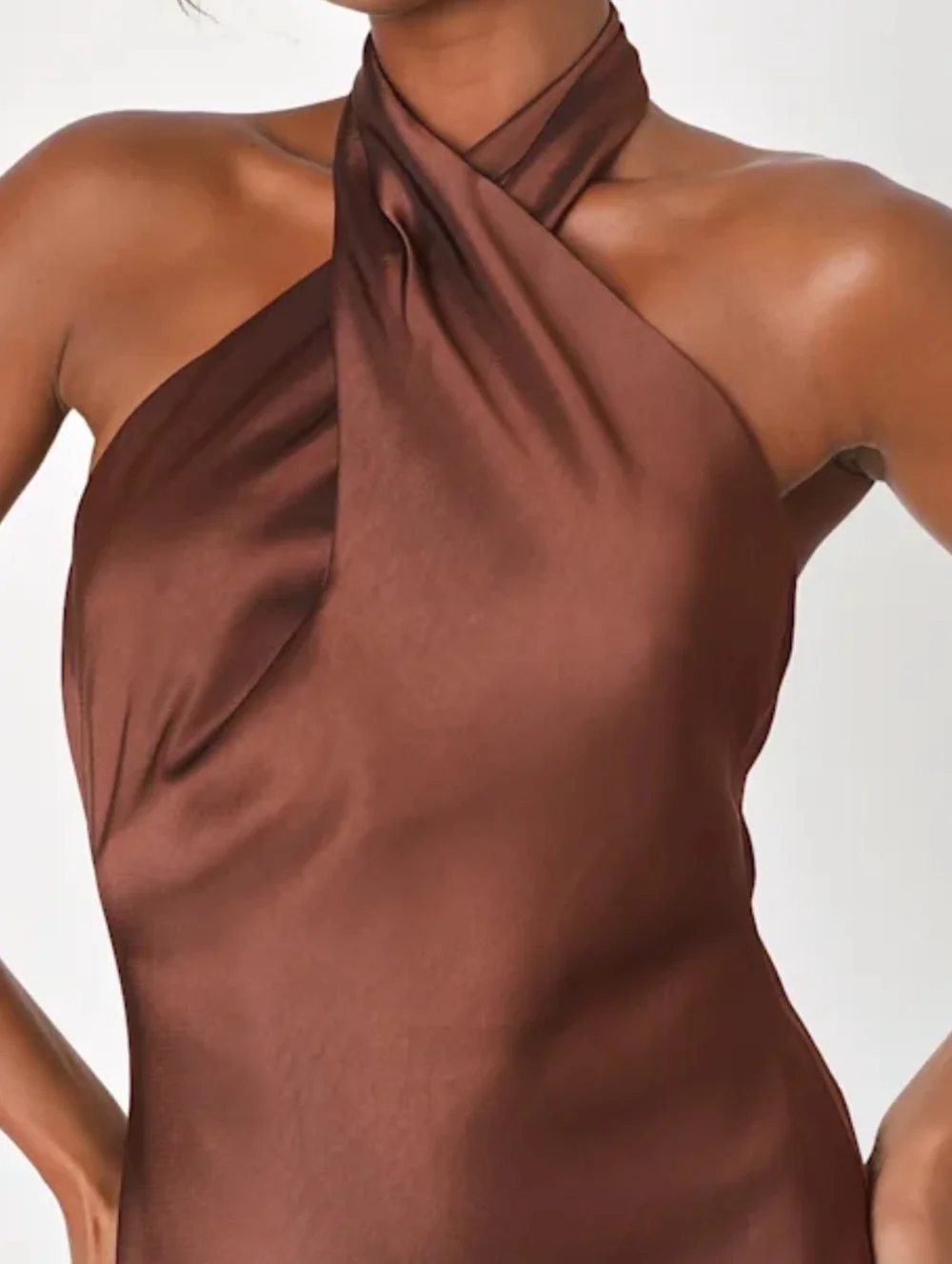 Lulus L Beyond Classy Brown Satin Halter Backless Midi Dress, Size Large - Picture 3 of 12